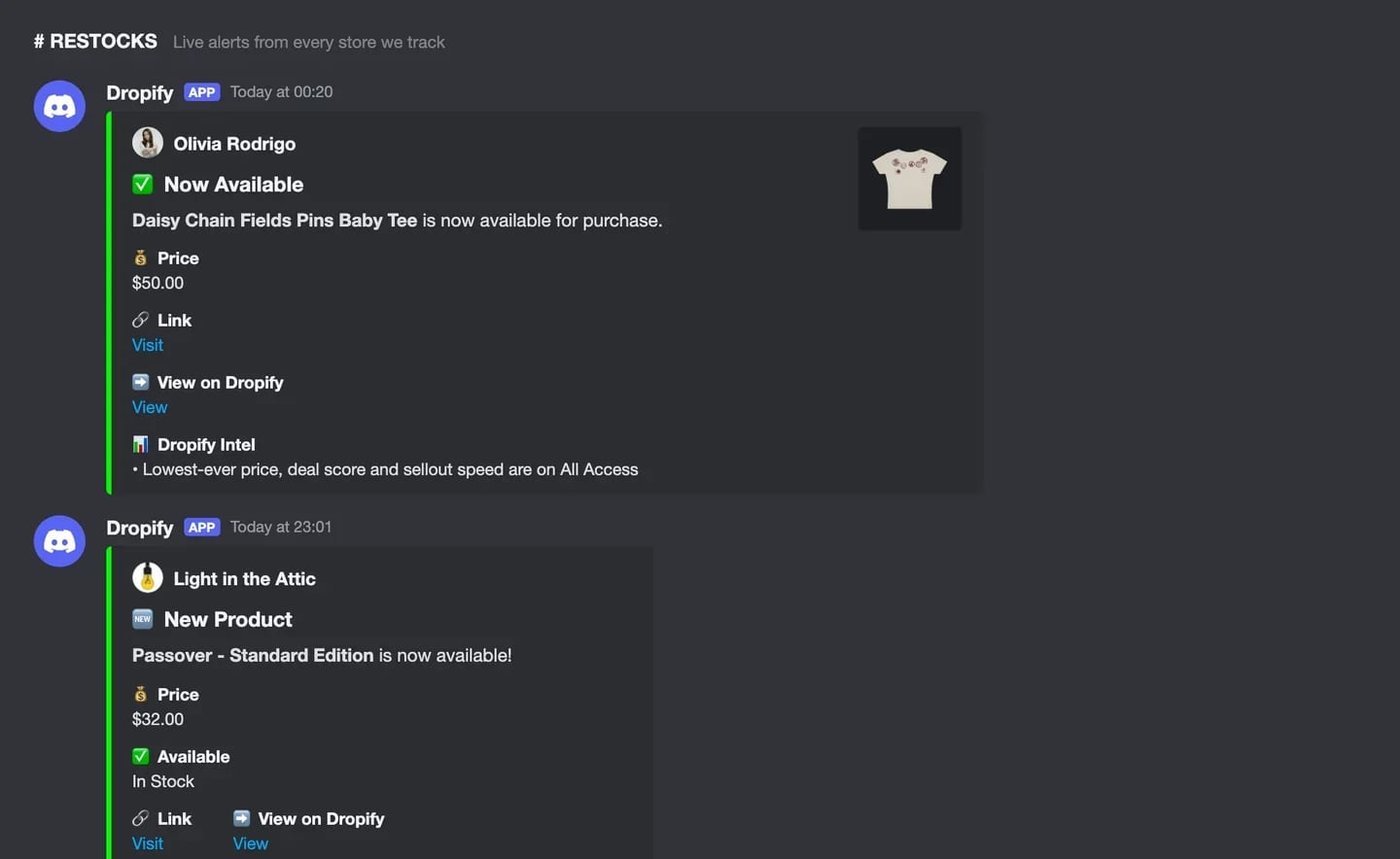 Dropify alerts in Discord: an Olivia Rodrigo tee back in stock and a new Light in the Attic record, each with its price