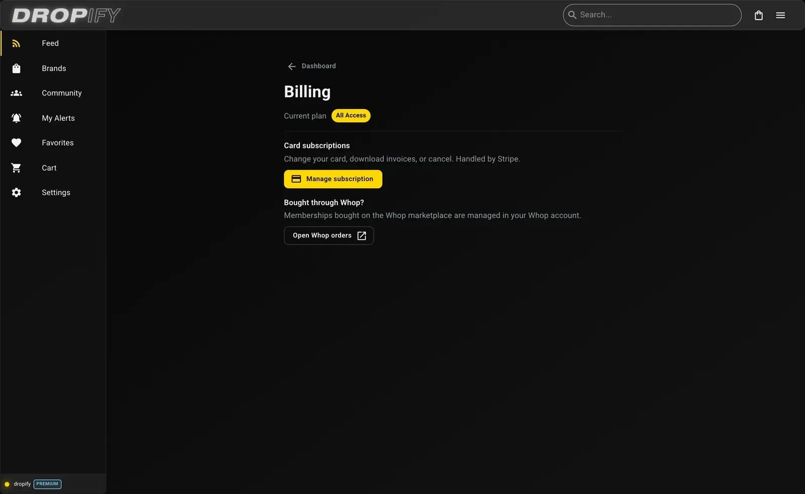 The billing screen in the Dropify app, showing the current plan and the manage subscription button
