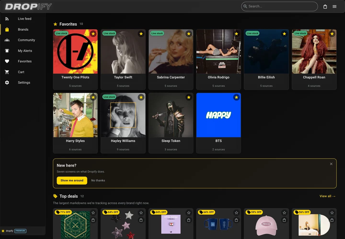 The Dropify feed: ten starred artists with live stock, and the biggest current markdowns below