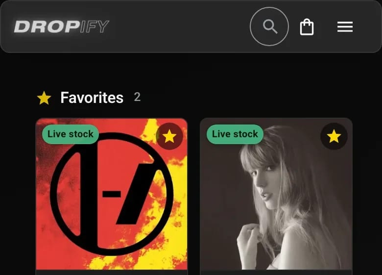 Starred artists in the Dropify app on a phone, each showing live stock