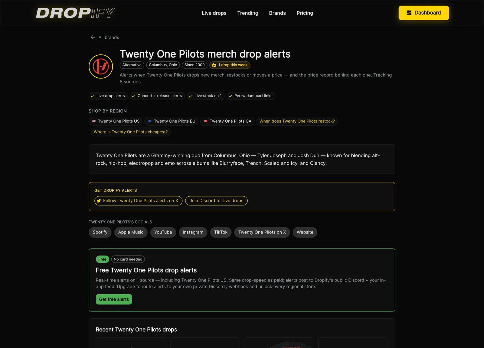 An artist page on Dropify listing their US, EU and CA stores and recent drops