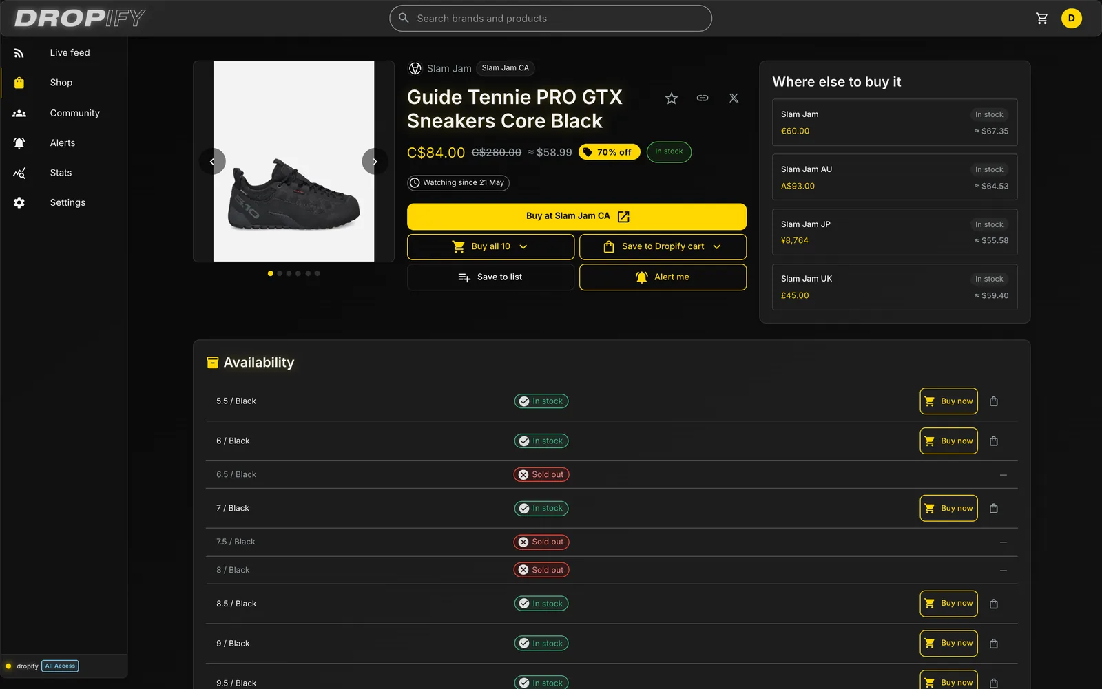 A product on Dropify showing which sizes are in stock, each with its own buy button