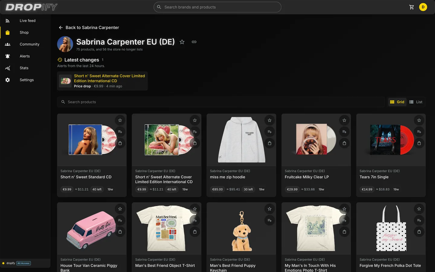 The Sabrina Carpenter EU store on Dropify, then her Tears 7in single: its price in euros, the same single at her US and Canada stores, and the price increase on its record
